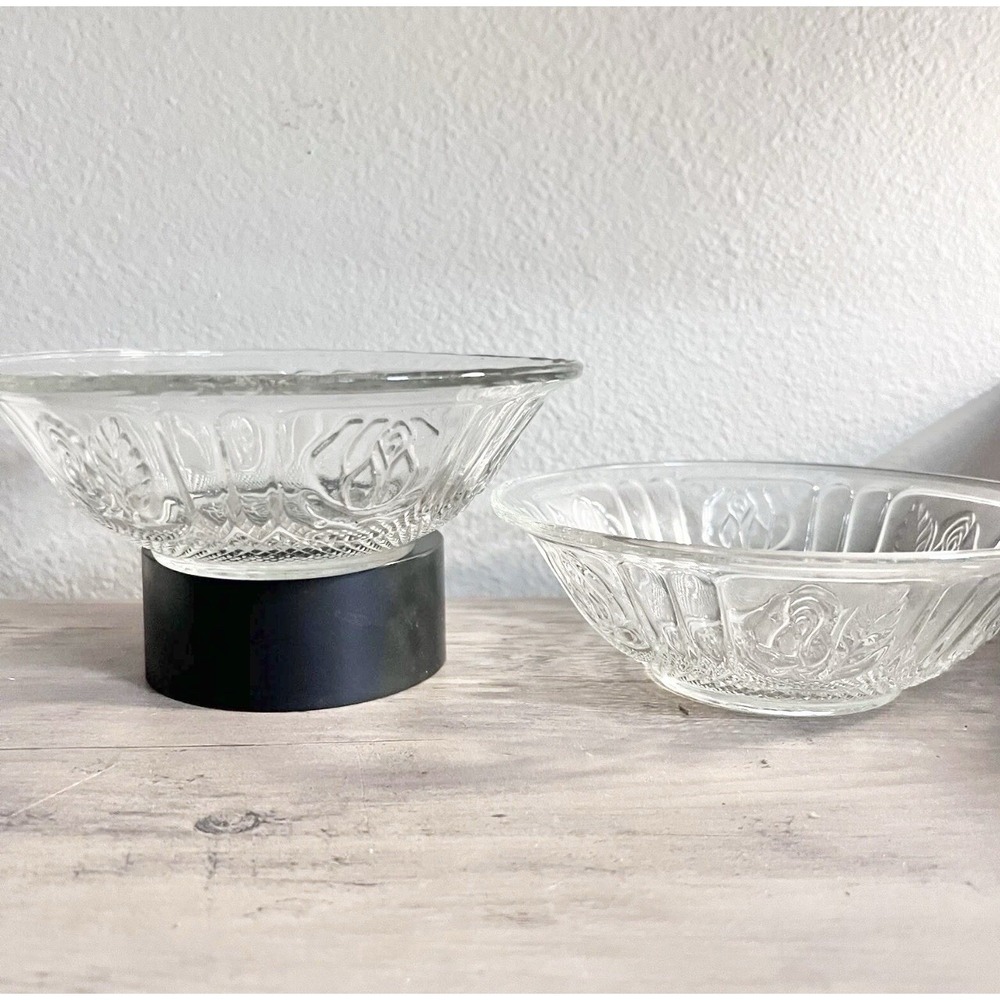 Vintage KIG Indonesia Rose Pattern Clear Glass Bowls 7" Set of 2